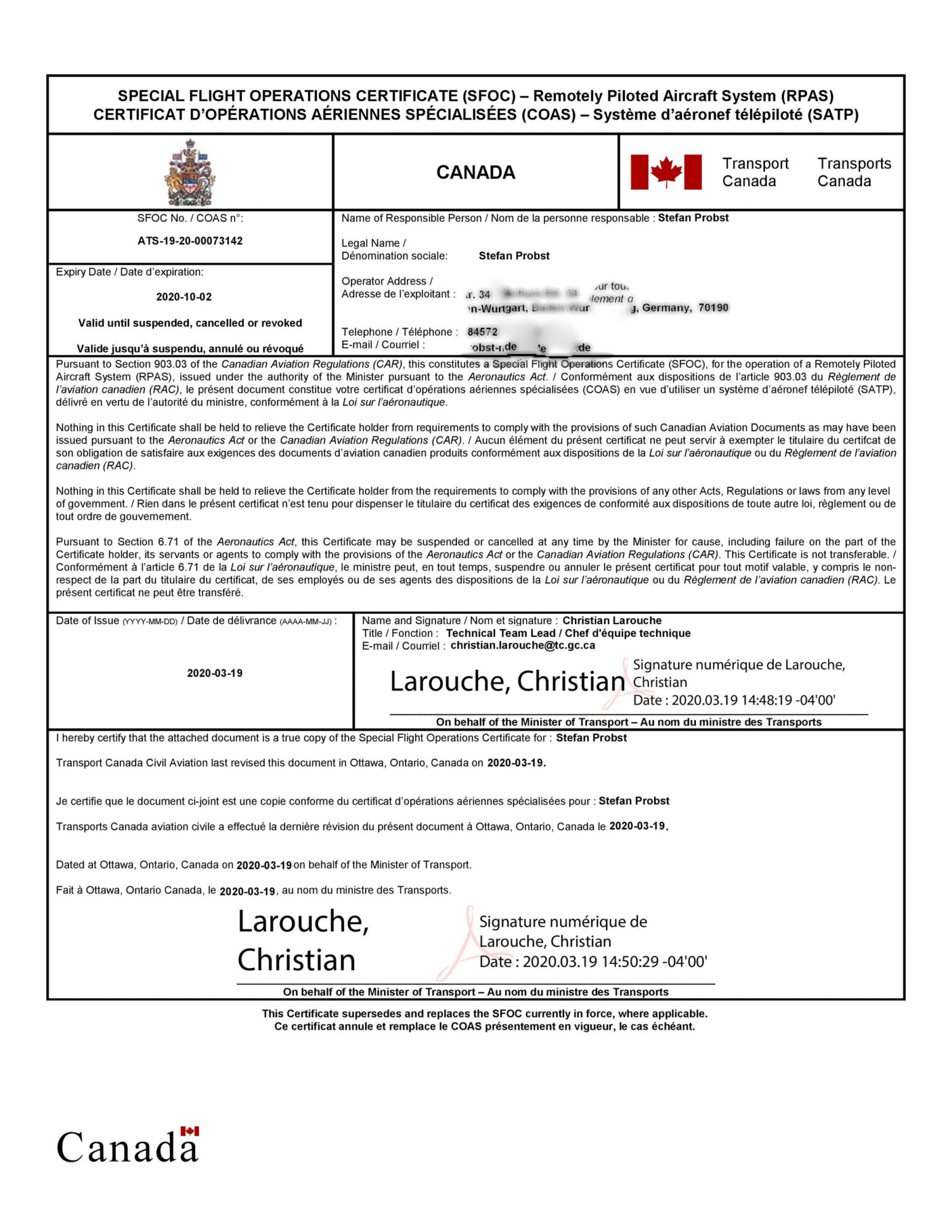 Canada SFOC (Special Flight Operations Certificate)