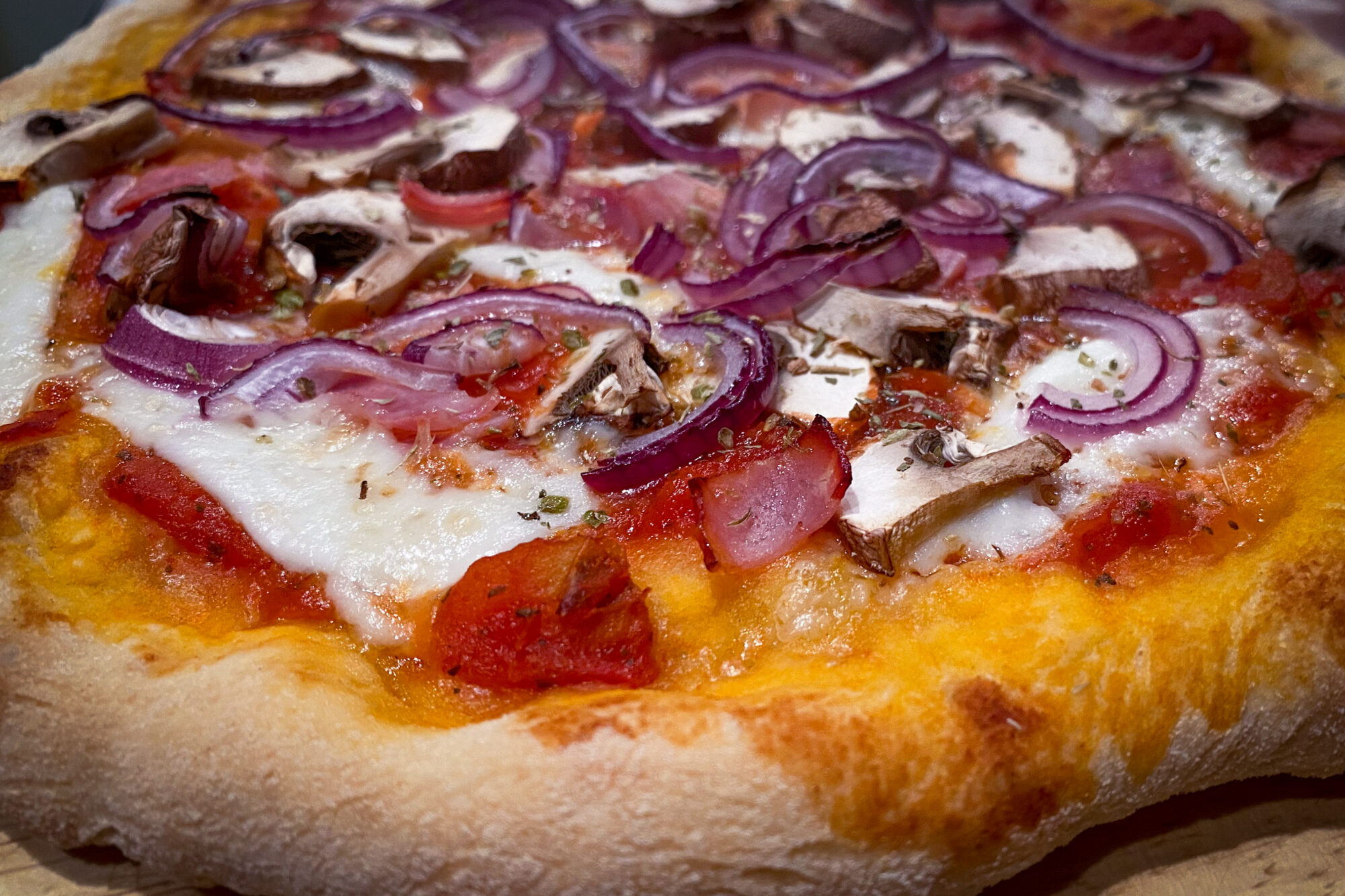 Pizza mit Zwiebeln, Mozzarella, Champignons und Schinken