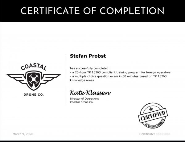 Coastal Drone Co TP15263-Training-Certificate Coastal Drone Co TP15263 Training Certificate für Canada SFOC